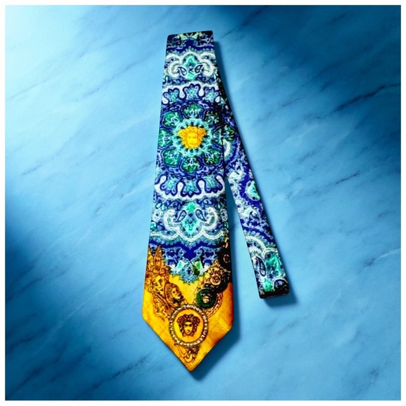 Versace Medusa Silk Tie – Blue, Green & Gold Baroque Print – Italy - Picture 10 of 12